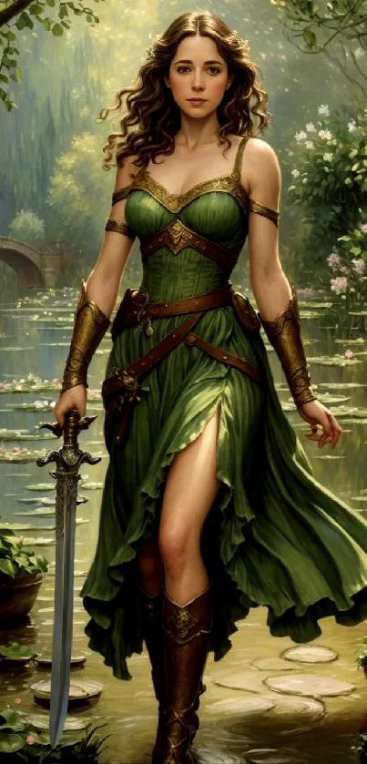 Fantasy warrior woman standing in a lush forest, holding a sword.