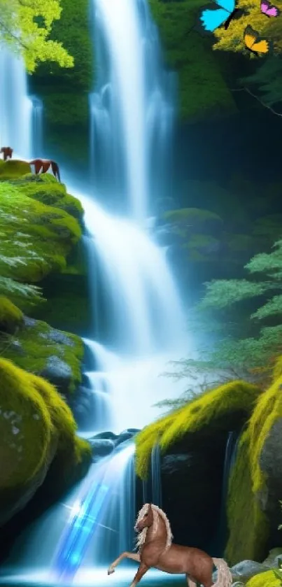 Enchanting fantasy waterfall with mystical creatures in a vibrant forest setting.