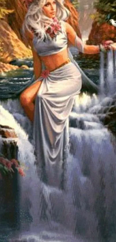 Mystical woman at waterfall with forest backdrop.