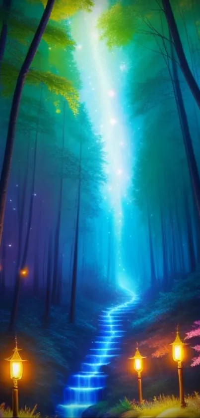 Mystical glowing forest path with waterfall and lanterns.