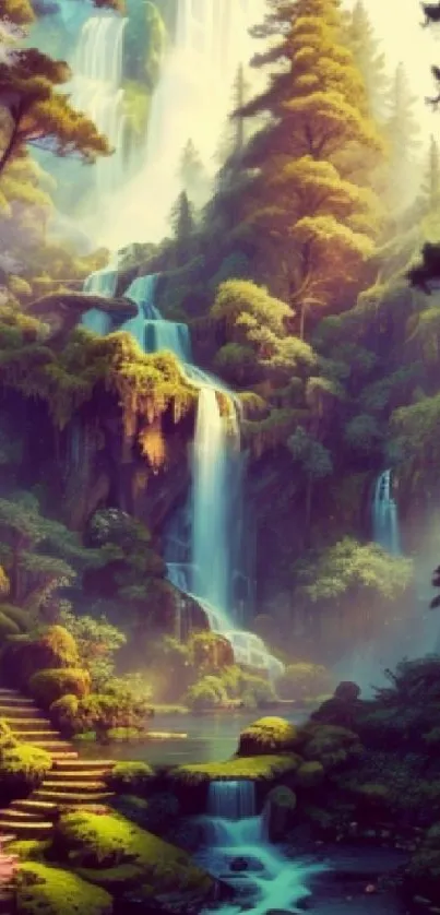 Lush forest background with cascading waterfalls and sunlight.