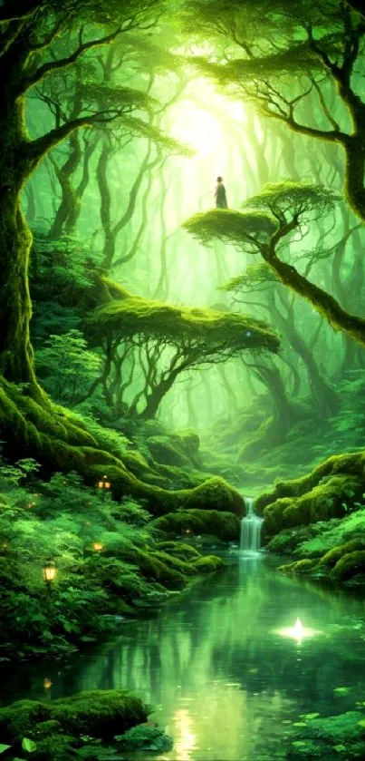 Enchanting green forest with waterfall and sunlight