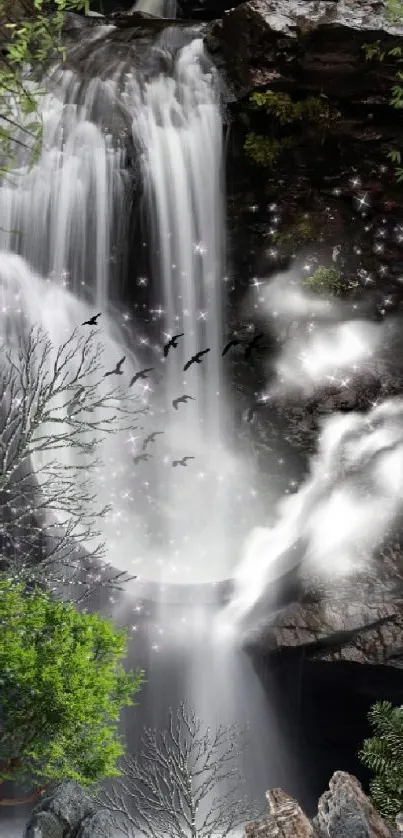 Mystical waterfall in an enchanted forest with birds and lush surroundings.