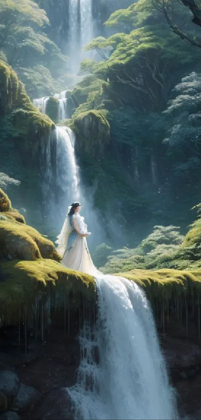 Woman in a flowing dress standing on a bridge over a cascading waterfall.