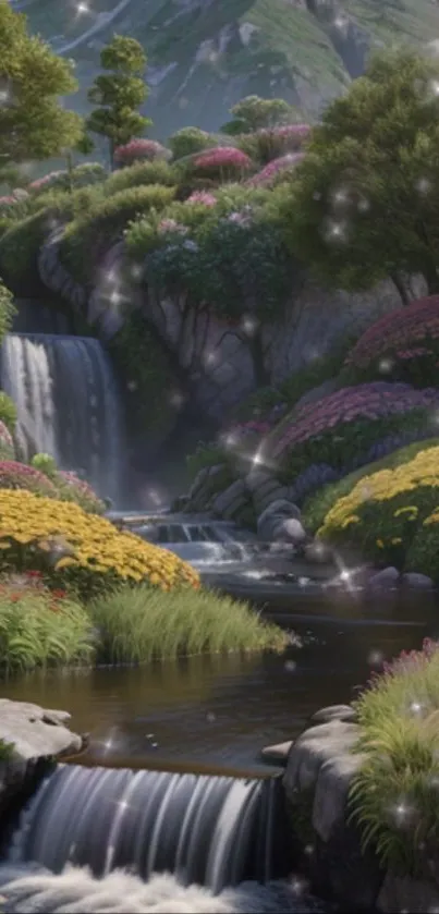 Serene forest waterfall with colorful flowers and greenery in a tranquil setting.