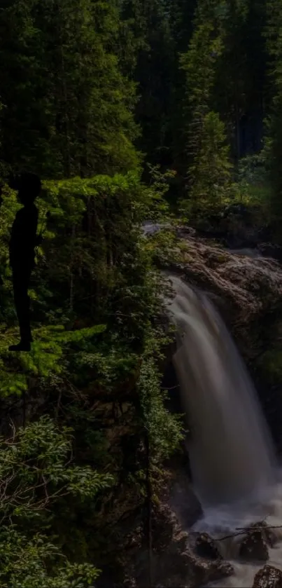 Silhouettes by a majestic forest waterfall cascading down rocks.