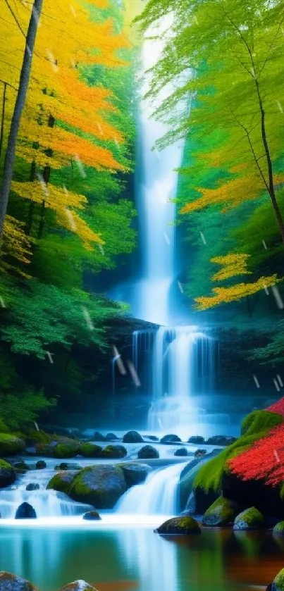 Enchanting forest waterfall wallpaper with vivid colors and serene atmosphere.