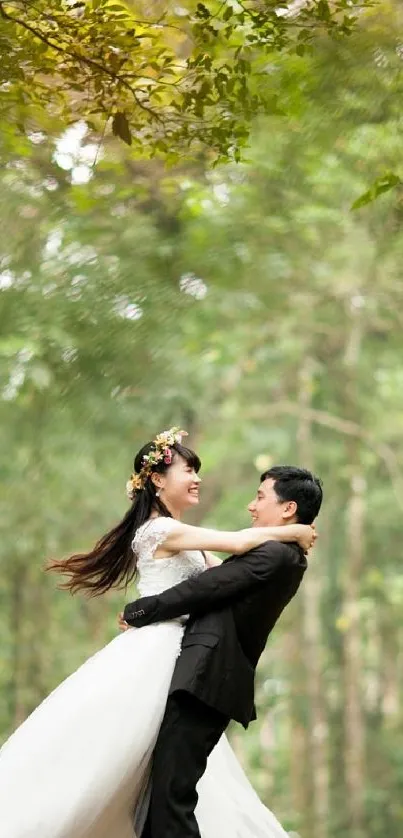 Couple dancing in lush green forest setting.