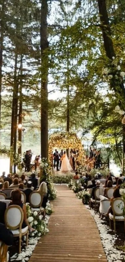 Outdoor forest wedding with floral decorations and seating.