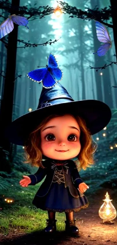Cute witch in forest with blue butterflies and glowing lights.