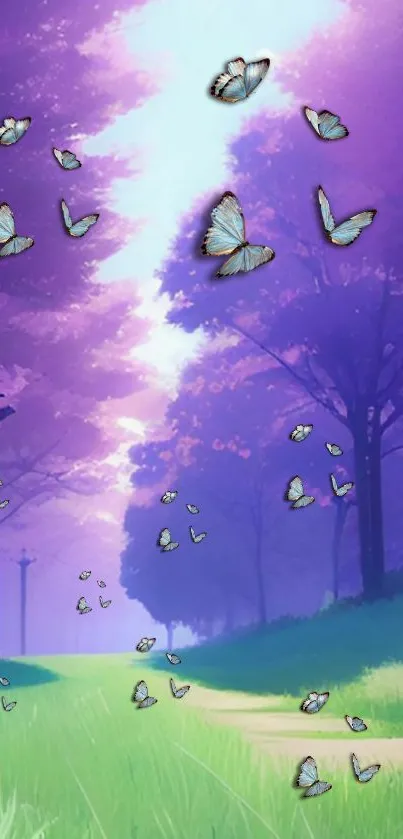 Purple forest wallpaper with butterflies fluttering along a green pathway.