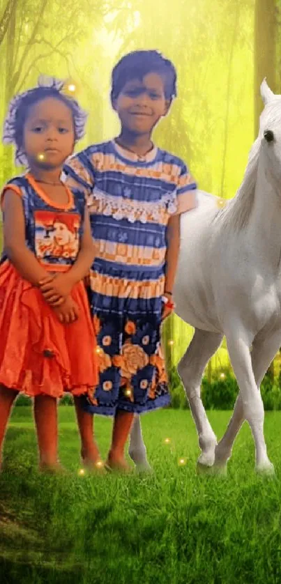 Children and a white horse in an enchanting forest setting, with magical lighting.