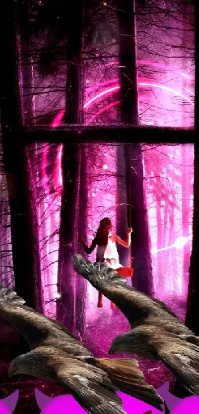 Mystical forest with eagles and a woman in a violet glow.