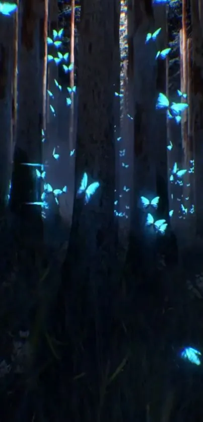 Enchanting dark forest with glowing blue butterflies