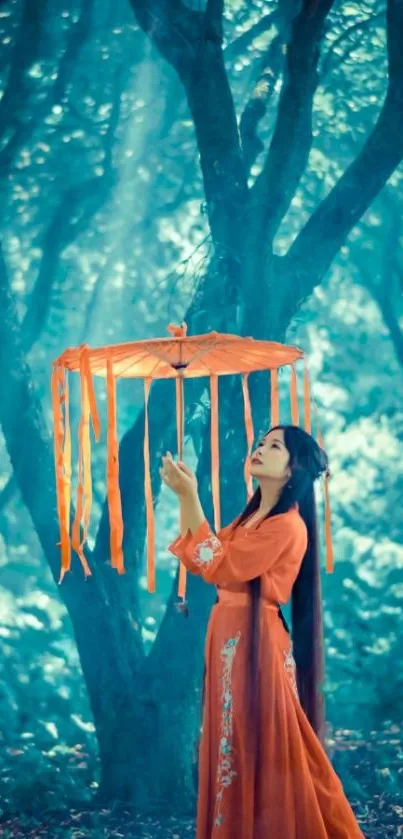 Woman in orange dress with parasol in teal forest.