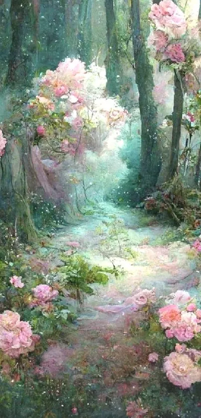 Enchanting forest with pink roses under a magical ambiance.