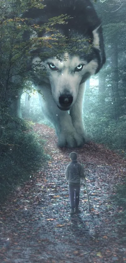 Fantasy scene of giant wolf in a forest with a solitary traveler.