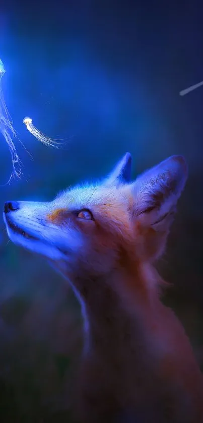 Fox and jellyfish in a mystical night scene wallpaper.