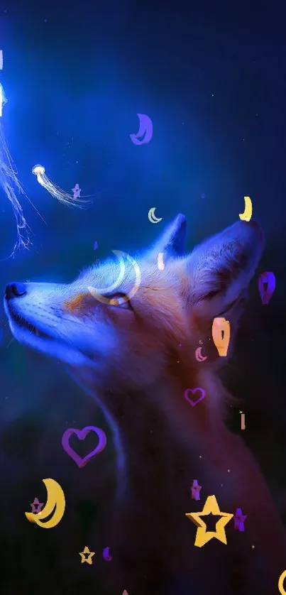 A curious fox gazing at a glowing jellyfish in a mystical blue forest.