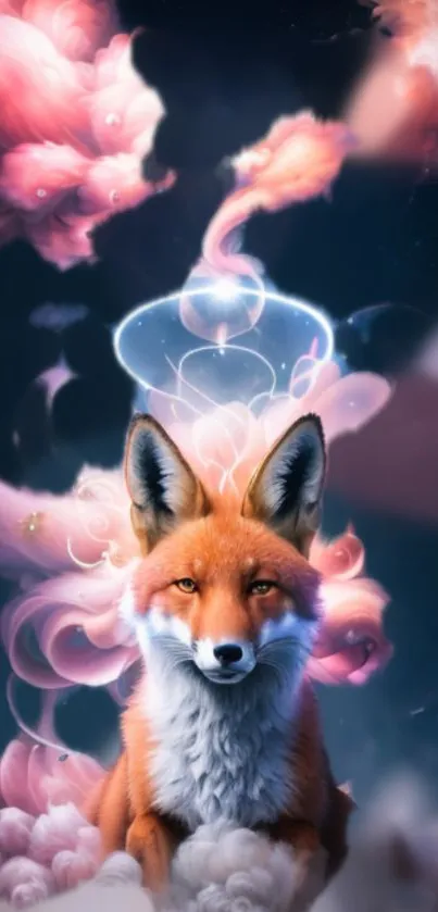 Enchanting fox surrounded by pink clouds in a mystical fantasy setting.