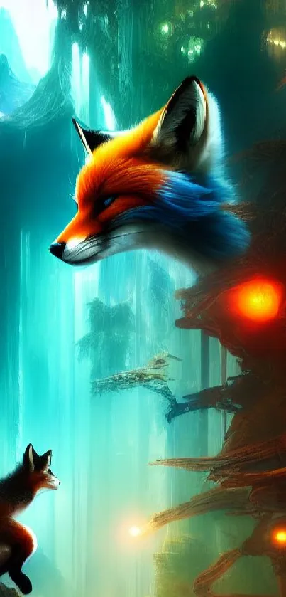 Fantasy artwork with vibrant foxes in a mystical forest landscape.