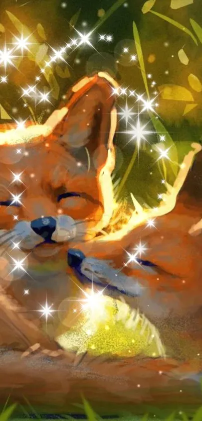 Enchanting foxes under a starry night sky with magical sparkles.