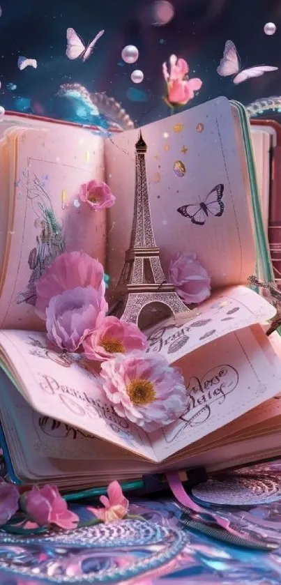 Whimsical scene with open book, Eiffel Tower, and butterflies in pastel colors.