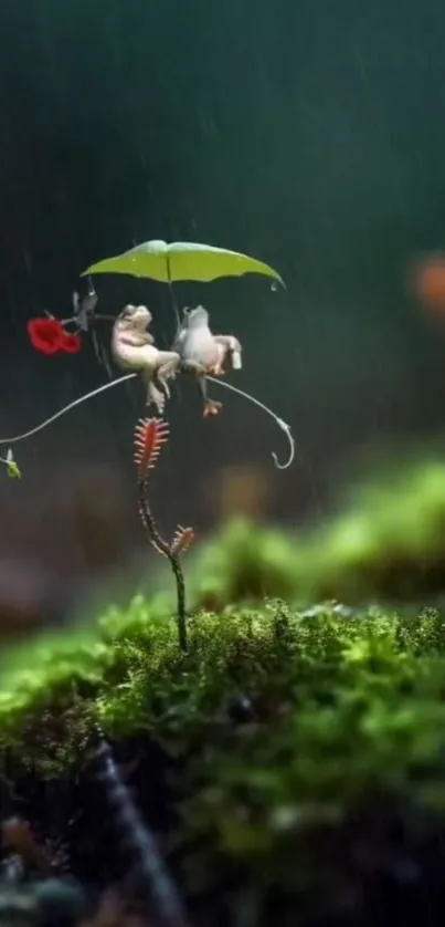 Frogs sitting under a leaf umbrella, surrounded by lush moss.