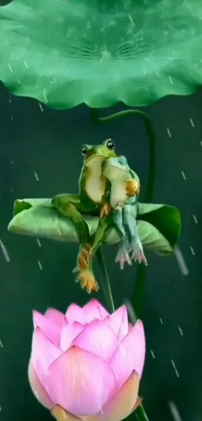 Frog sitting under a lotus leaf with pink flower and raindrops.