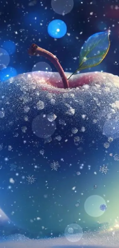 Frosted apple with icy glow and snowy background.