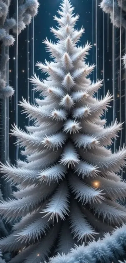Frosty white tree in snowy landscape
