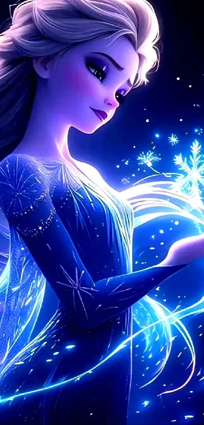 Frozen character with blue glowing snowflakes on mobile wallpaper.