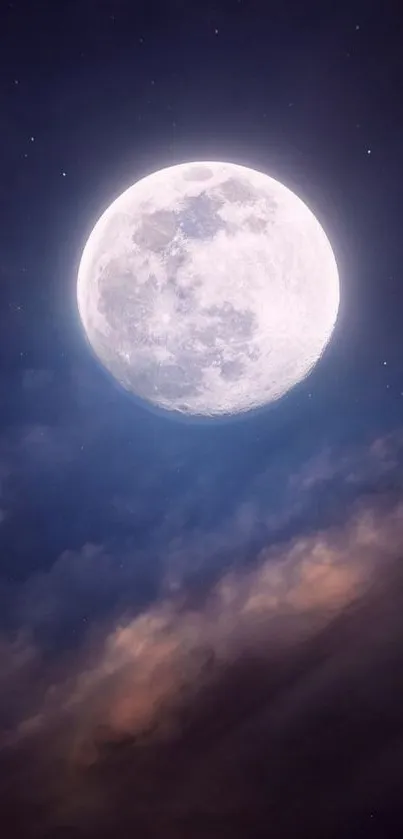 Full moon glowing in a starry night sky, surrounded by clouds and cosmic beauty.