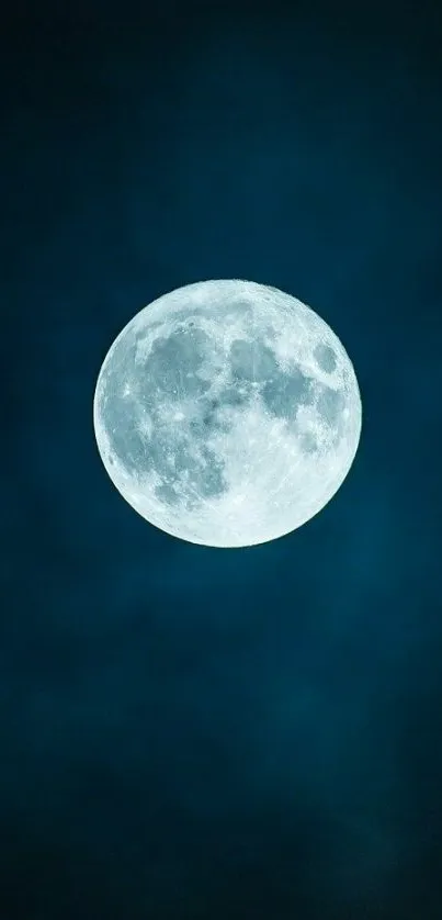 Full moon glowing against a deep blue night sky.