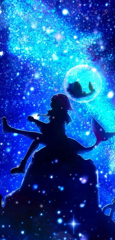 Silhouette of girl against starry galaxy background with a moon.