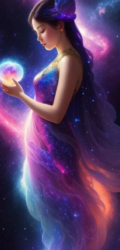 A mystical figure in cosmic-themed galaxy wallpaper with vibrant colors.