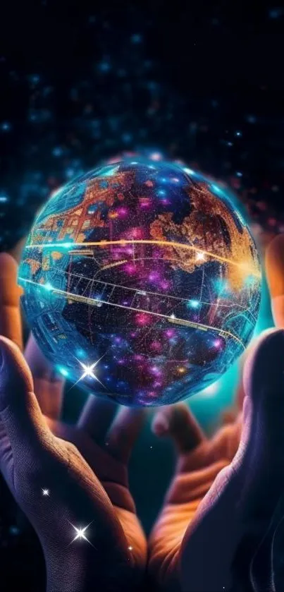 Hands holding a glowing galaxy sphere.