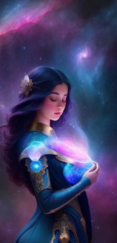 Mystical figure in a vibrant galaxy backdrop, cosmic fantasy art.