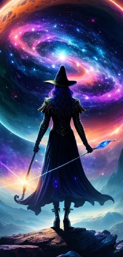 Enchanting galaxy wallpaper with a witch and vibrant cosmic colors.