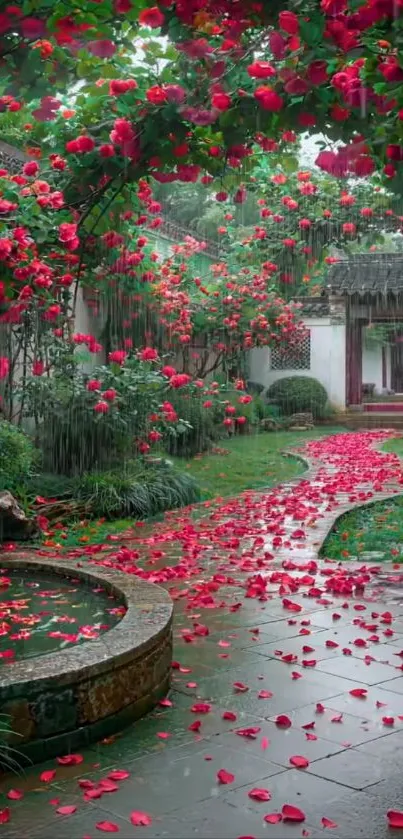 Serene garden path with red blossoms.