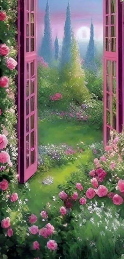 Open door to a lush garden with pink roses and green paths.