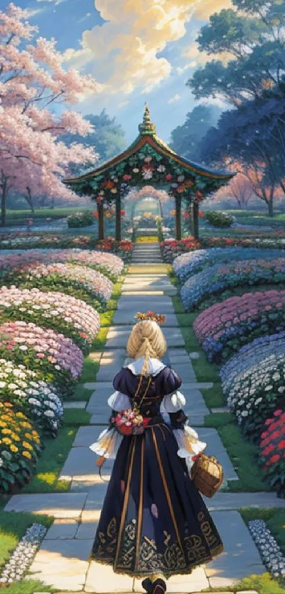 A woman walks through an enchanting garden pathway surrounded by colorful flowers.