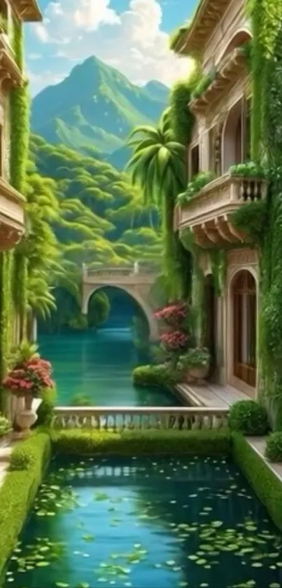 Serene garden retreat with lush greenery and peaceful waters