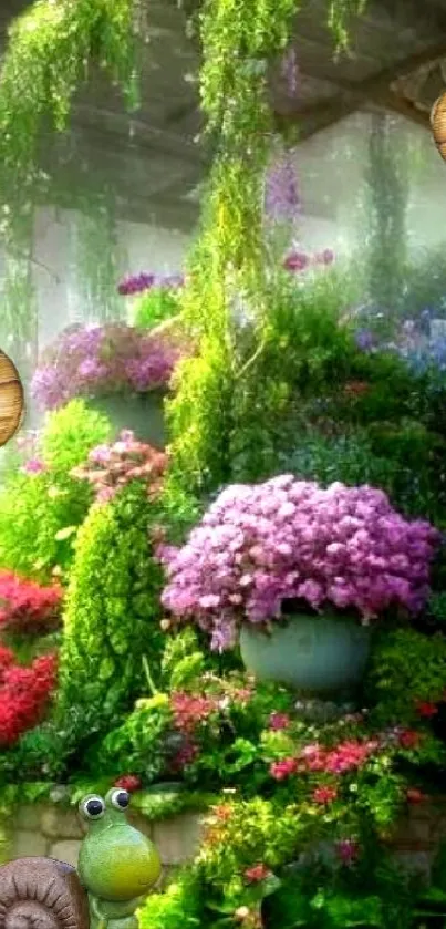 Enchanting garden wallpaper with snails and vibrant flowers.