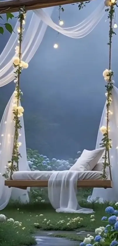 A dreamy garden swing adorned with flowers and soft drapes under night sky.