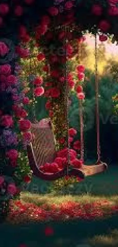 Garden swing with roses in enchanting sunlight.