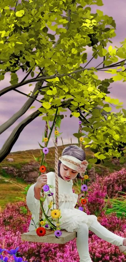 Child on a swing in a lush, colorful garden scene.