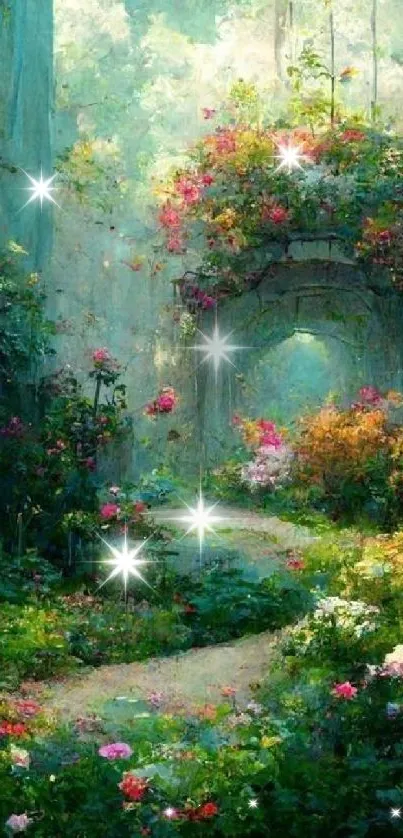 Magical garden path with lush flowers and greenery.