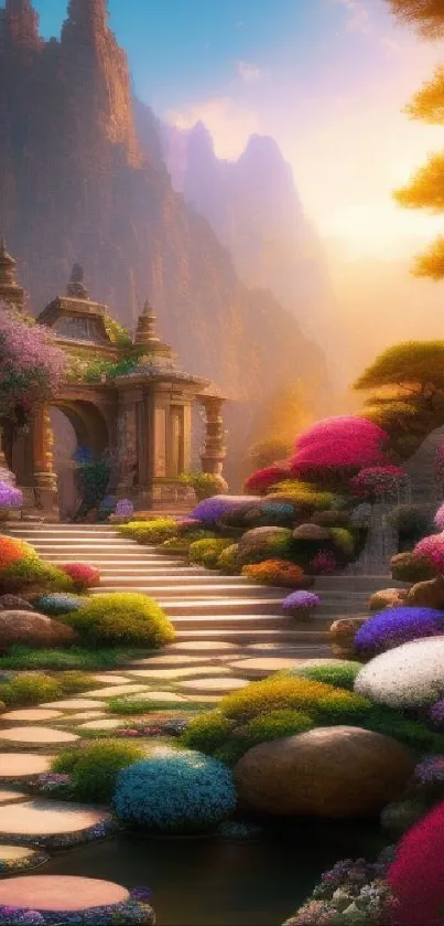 A vibrant fantasy garden with flowers, steps, and mountains at sunset.