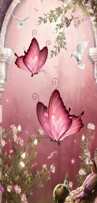 Romantic garden wallpaper with pink butterflies and floral arches.